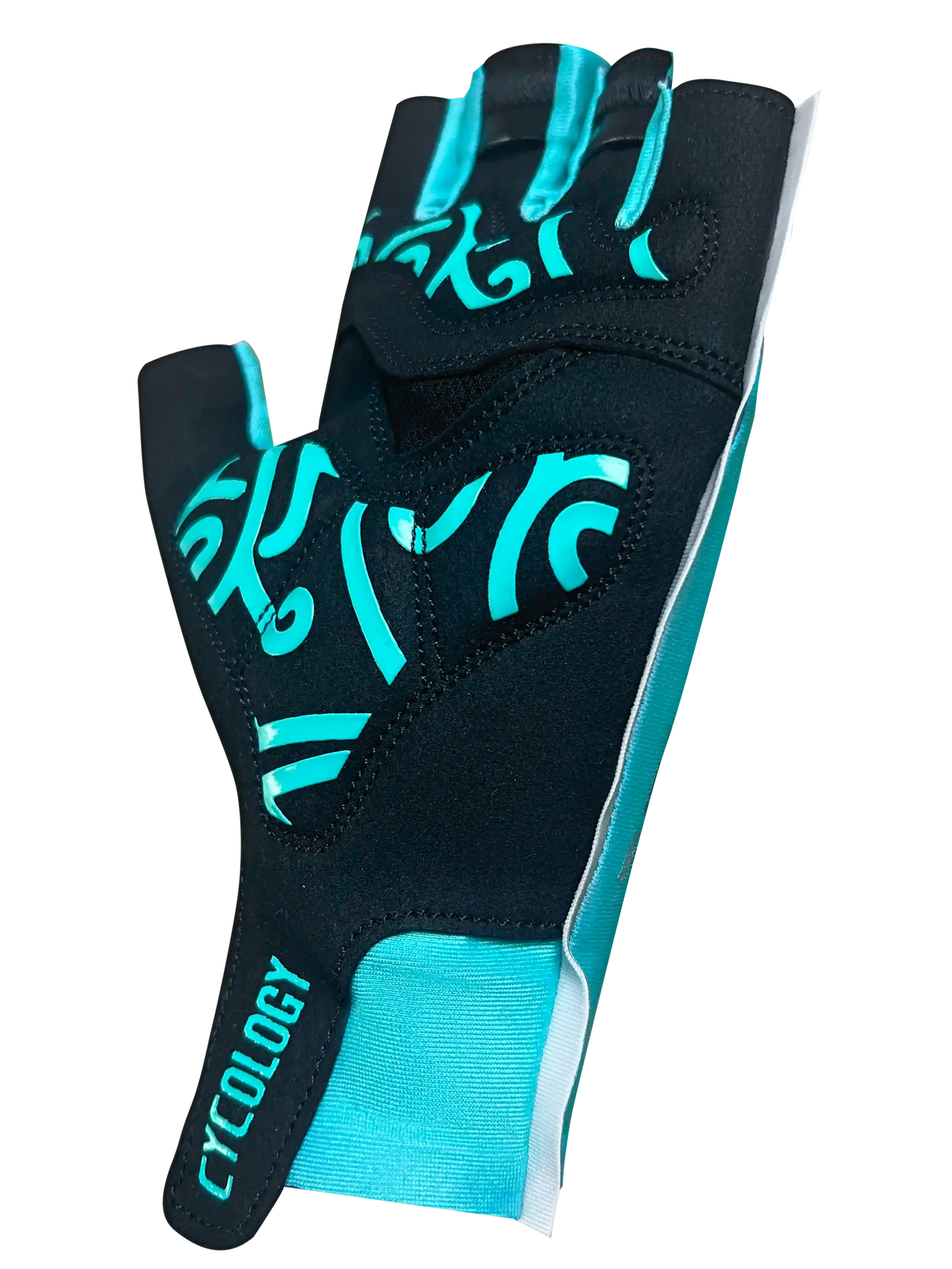 Black and teal cycling glove with fingerless design and bold graphic print for men's and women's bike rides.
