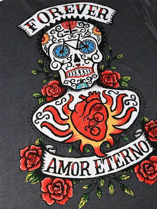 Cycling jersey with sugar skull, roses, and 'Forever Amor Eterno' design for men and women