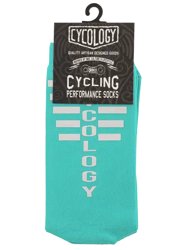 Cycology cycling performance socks in teal with white branding, designed for bike culture and lifestyle
