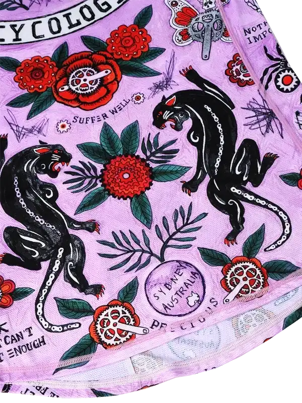 Purple cycling jersey with black panthers, red flowers, and bike gear designs
