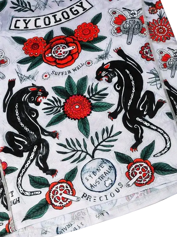 Cycling jersey with bold black panthers, red flowers, and bike gear art, featuring 'Suffer Well' and 'Sydney Australia' details