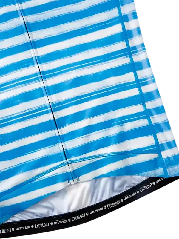 Blue and white striped cycling jersey with reflective hem detail