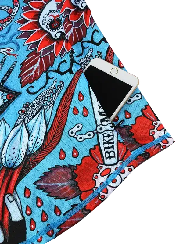 Vibrant cycling jersey with floral and bike chain print, featuring phone pocket for on-the-go convenience