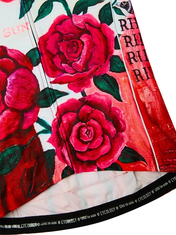 Close-up of a product with red floral design and visible branding.