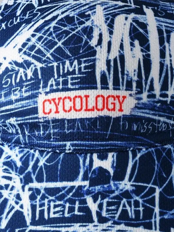 Cycology cycling cap with bold white graffiti-style graphics and red logo on navy fabric