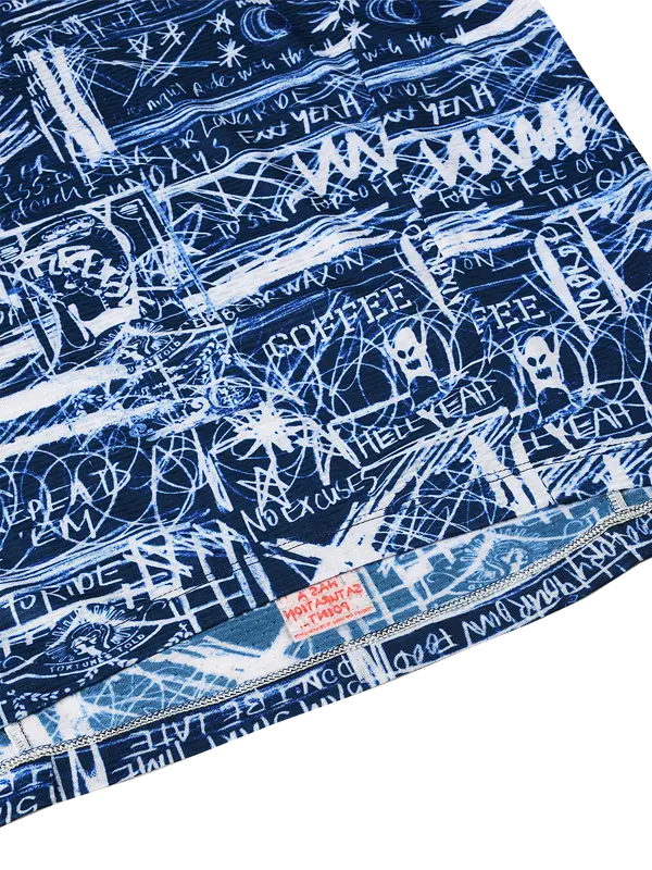 Blue sleeveless cycling base layer with white text and graphics
