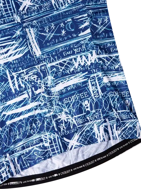 Blue cycling jersey with white graffiti-style graphics and 'COFFEE' text, featuring 'LIVE TO RIDE' waistband