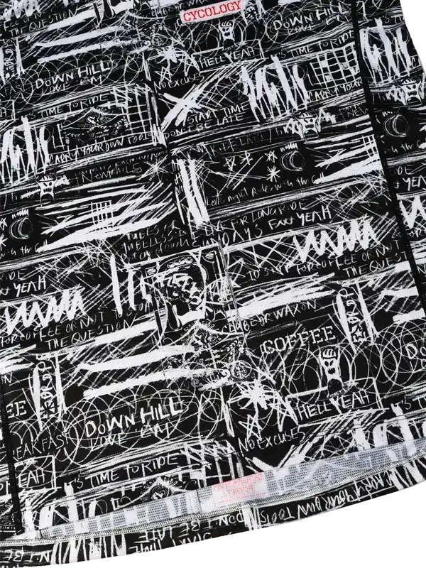 Black cycling jersey with white graffiti-style graphics and bold text designs