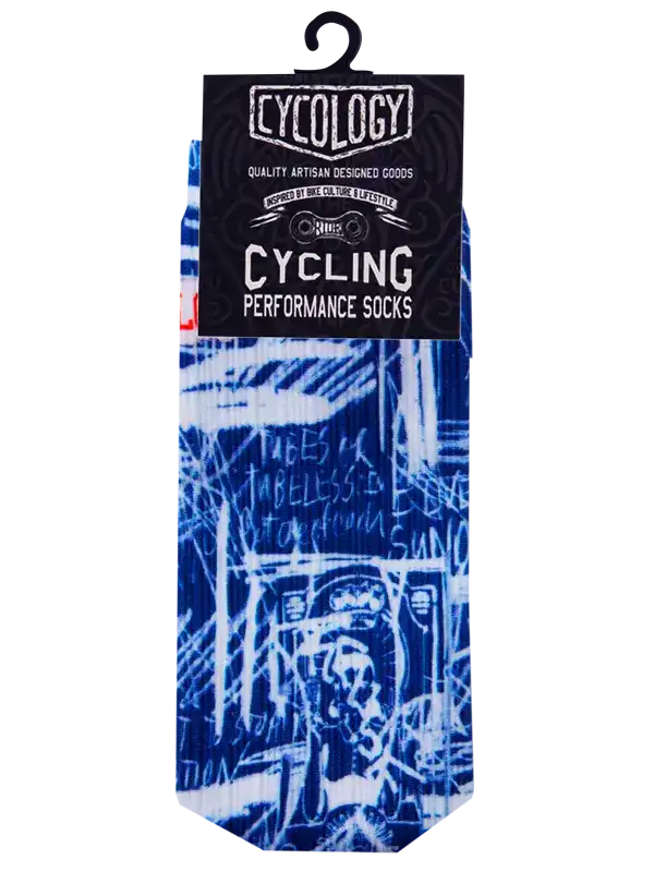 Blue cycling performance socks with graffiti-style print, artisan designed for bike culture