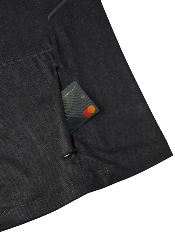 Black cycling jersey with secure rear pocket holding a card, ideal for men's and women's rides.