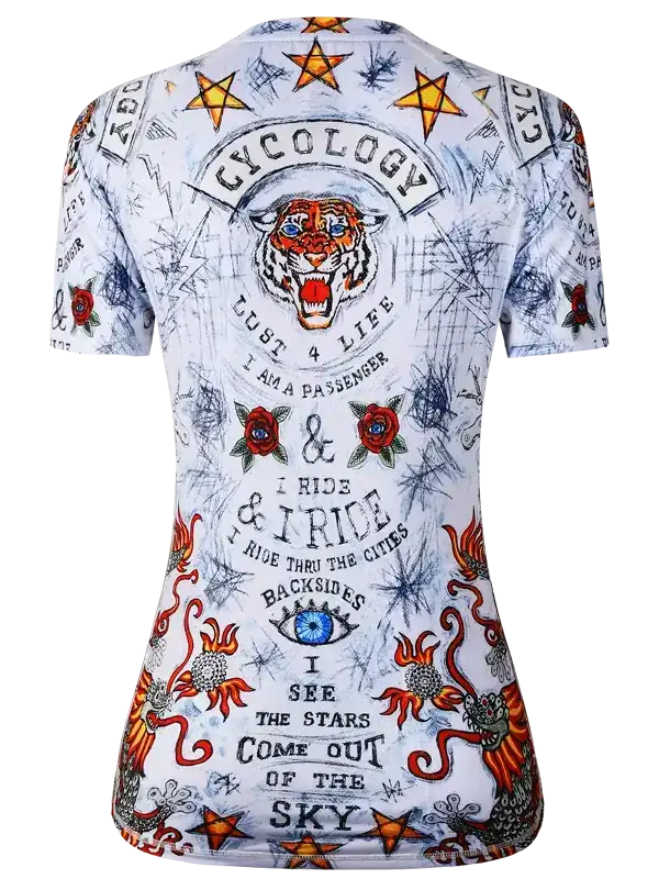 Women's cycling jersey with tiger, stars, and bold graphics for road bike rides