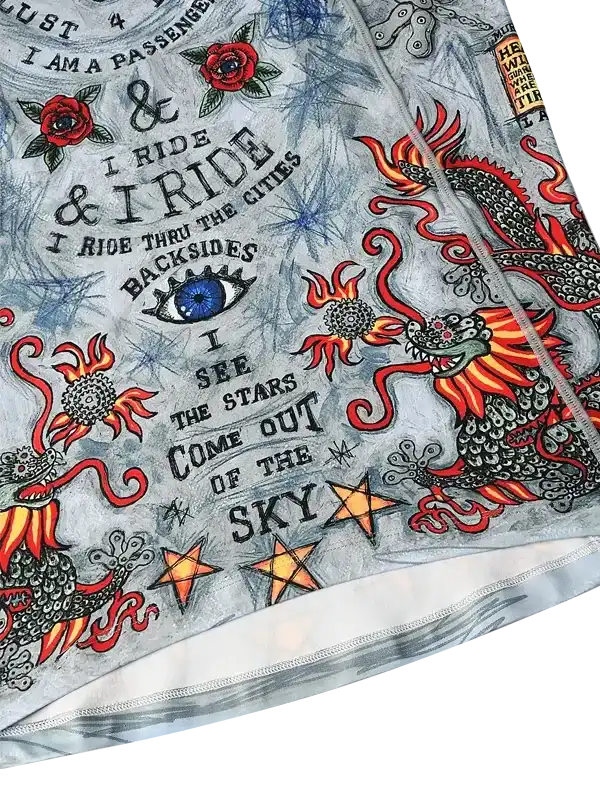 Men's cycling jersey with dragon, roses, stars, and bold text design on light gray fabric