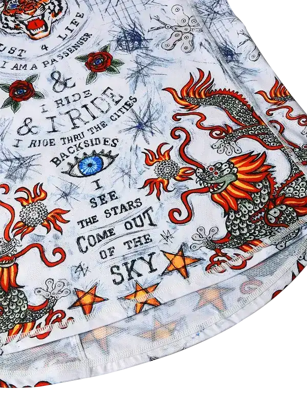 Men's cycling jersey with dragon, roses, stars, and bold text design on white fabric