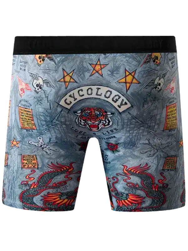 Cycling shorts with bold tiger, dragon, and star print design for men's bike wear