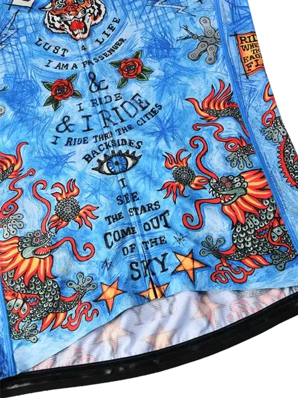 Blue cycling jersey with dragon, tiger, and star graphics, bold text design for men and women riders