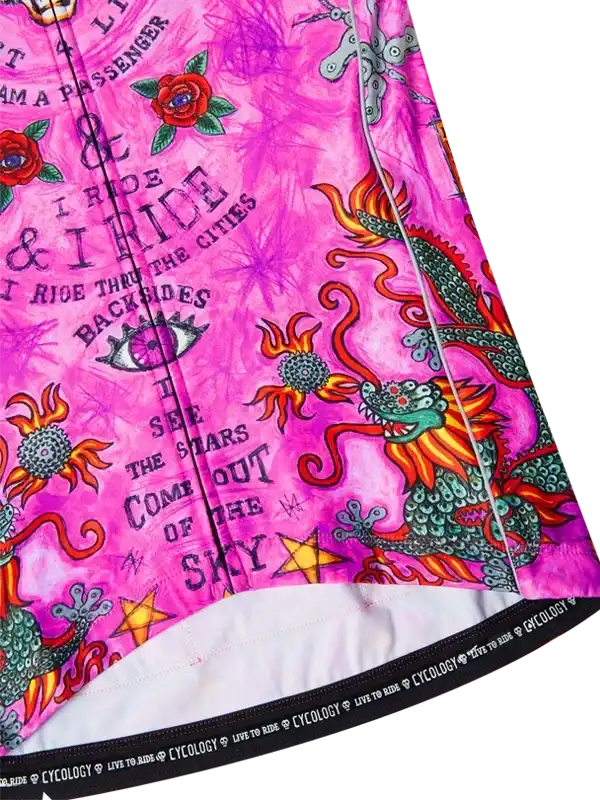 Vibrant pink cycling jersey with dragon, roses, and bold typography for men's and women's bike wear