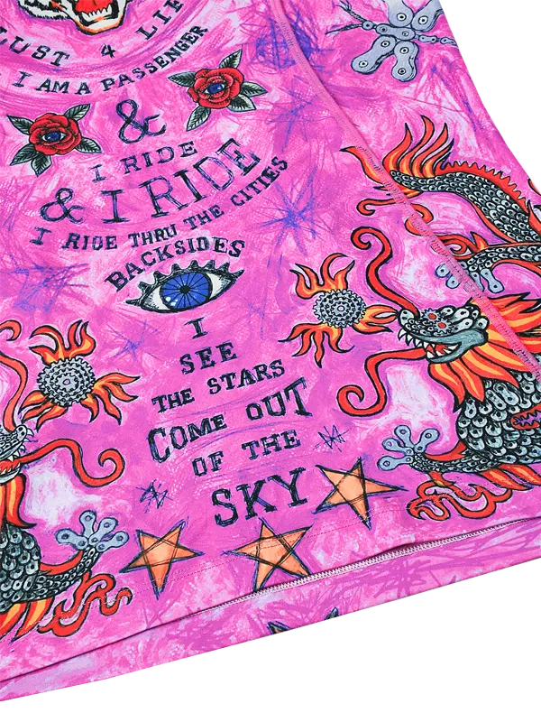 Pink long-sleeve cycling base layer with colorful graphics and text