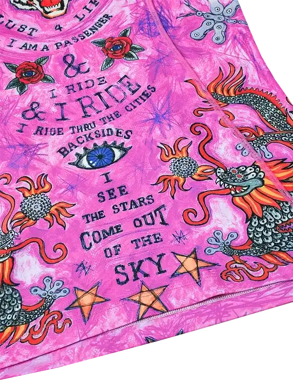 Pink cycling jersey with dragon, stars, and bold text design for men's and women's rides