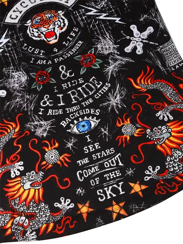 Black cycling jersey with fiery dragon, tiger, and bold text graphics for urban riders