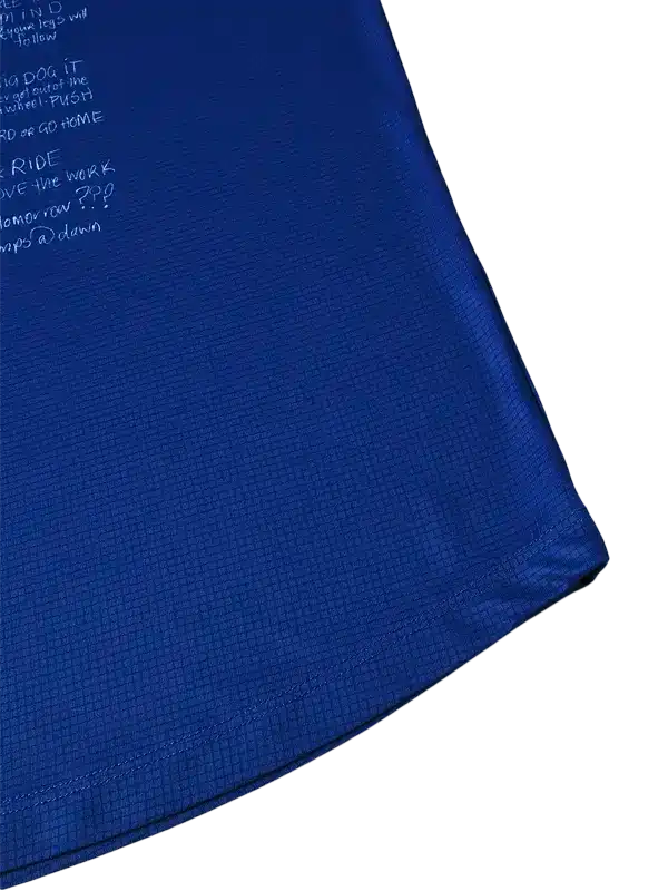 Blue cycling jersey with motivational text, breathable fabric for men and women riders