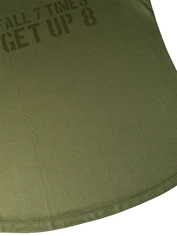 Olive green cycling jersey with motivational 'Fall 7 Times Get Up 8' print, breathable fabric detail.