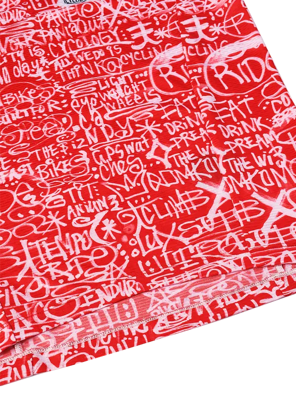 Red sleeveless cycling base layer with white text and graphics