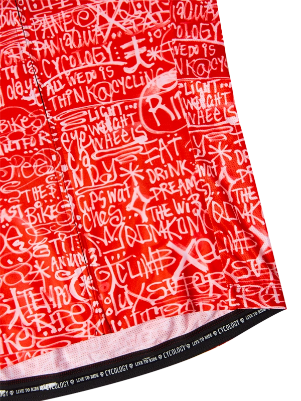 Red men's short sleeve cycling jersey with white text pattern