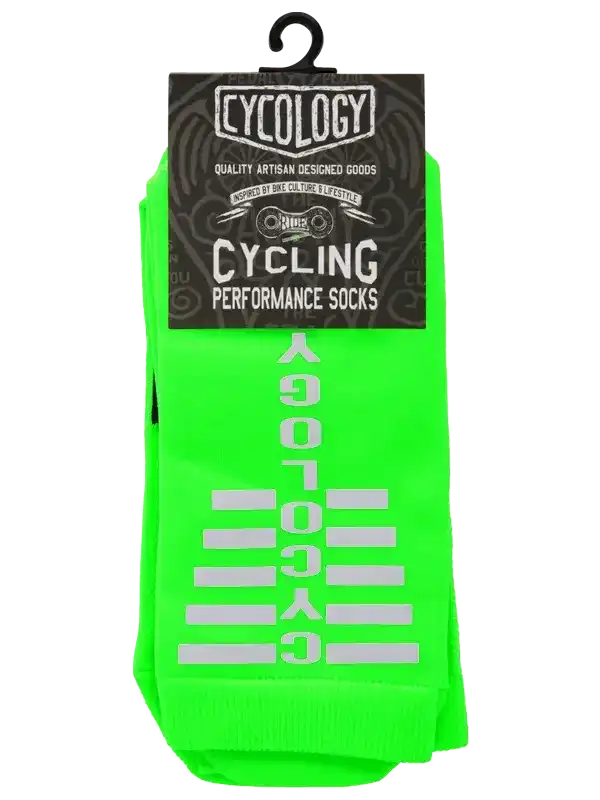 Bright green cycling performance socks with reflective CYCOLOGY branding, ideal for bike culture and active lifestyle.