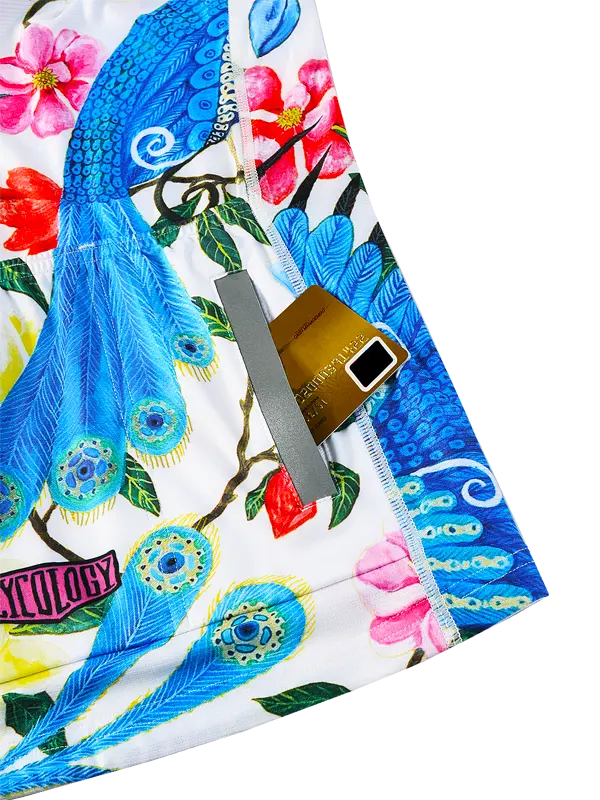 Goddess White Women's Long Sleeve Summer Cycling Jersey with peacock and floral design, featuring a brand tag and zip pocket.