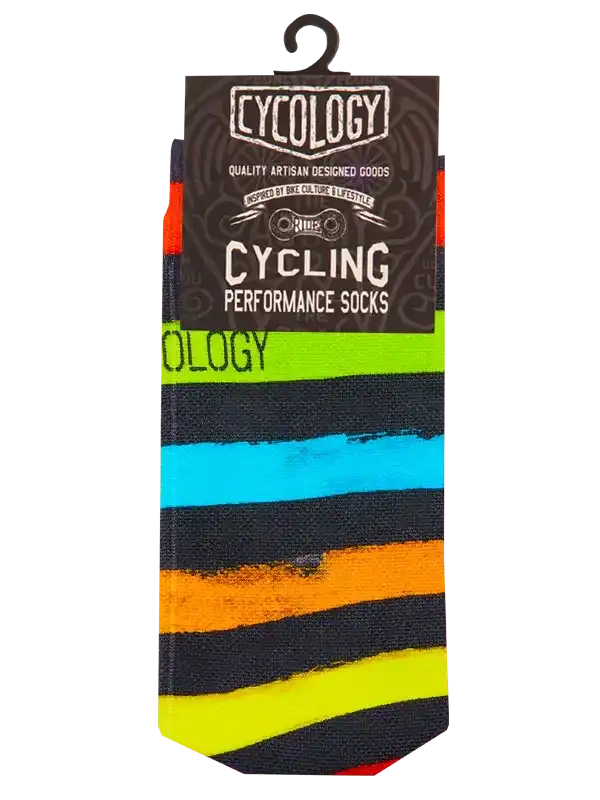 Cycling performance socks with bold colorful stripes, designed for bike culture and comfort.