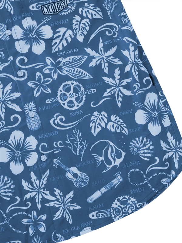 Blue Men's MTB shirt with white Hawaiian floral and nature pattern