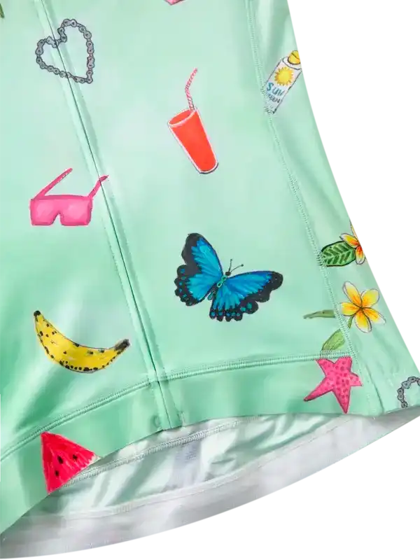 Mint green cycling jersey with colorful summer print: butterfly, banana, sunglasses, flowers, and starfish.
