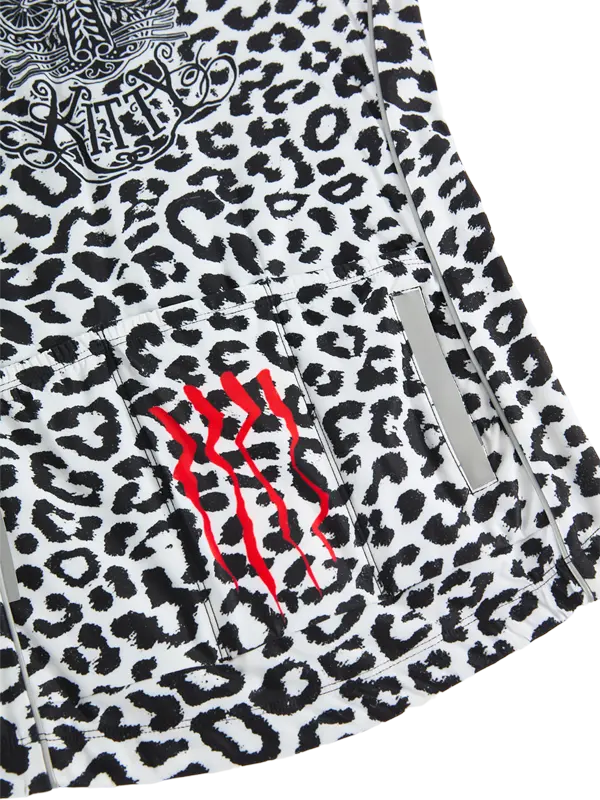 Leopard print cycling jersey back zip pocket with red and black logo on a white background
