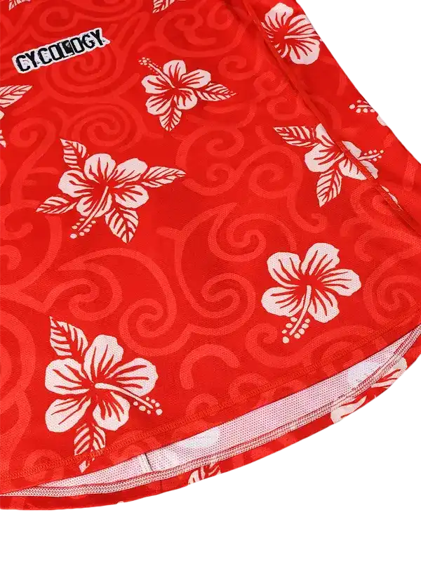 Red cycling jersey with white hibiscus flowers and swirl pattern, breathable fabric detail