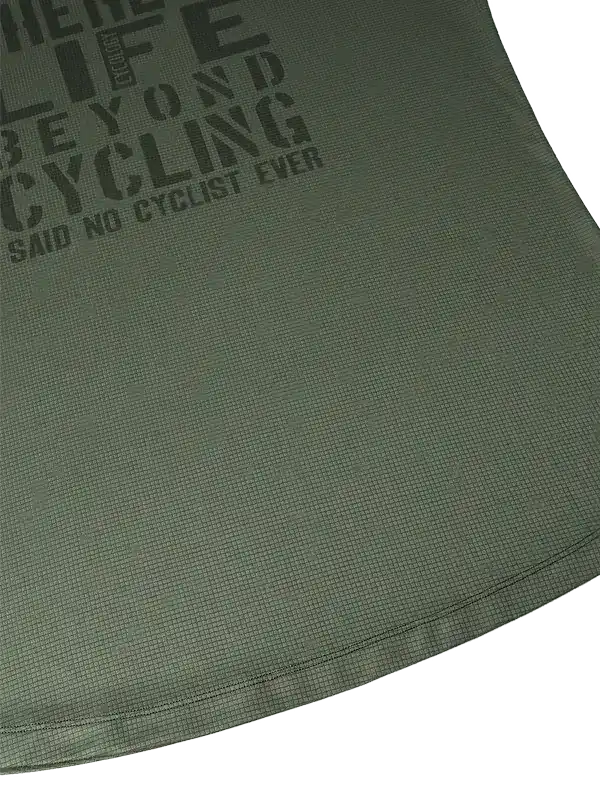 Olive green cycling jersey with 'Life Beyond Cycling' graphic print, breathable fabric detail