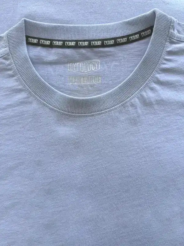 Light gray men's cycling t-shirt with branded neck tape and logo, soft fabric detail