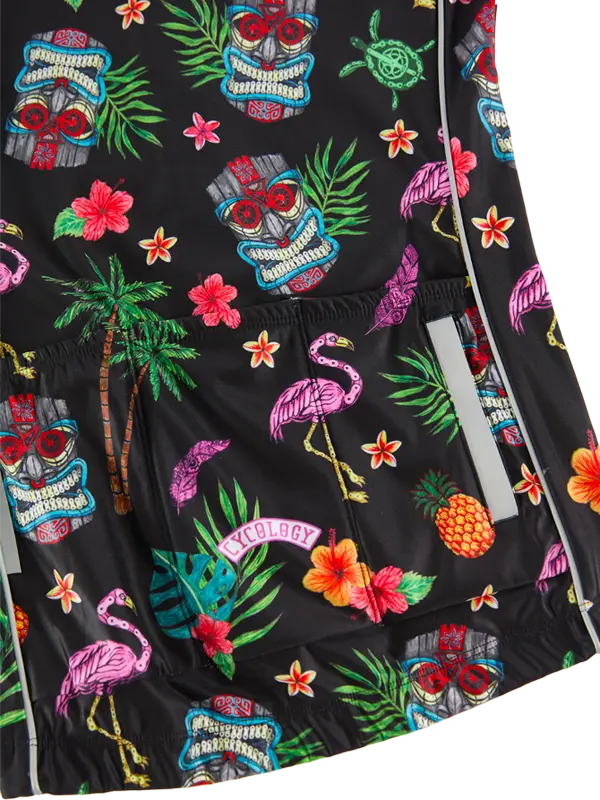 Molokai Black Women's Winter Long Sleeve Cycling Jersey with colorful tropical patterns including flamingos, flowers, and tiki masks.
