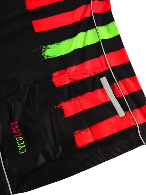 Black cycling shorts with bold red and neon green stripes, reflective detail, and branded side text