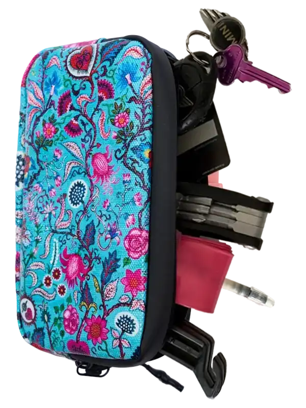 Floral-patterned cycling multi-tool pouch with keys and accessories, ideal for bike riders