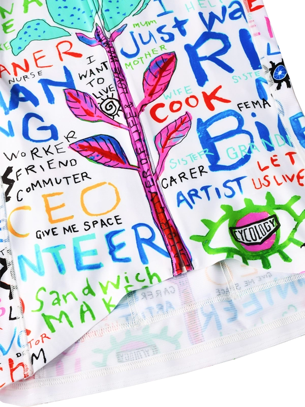 Colorful women's long-sleeve cycling jersey with artistic designs and text on a white background