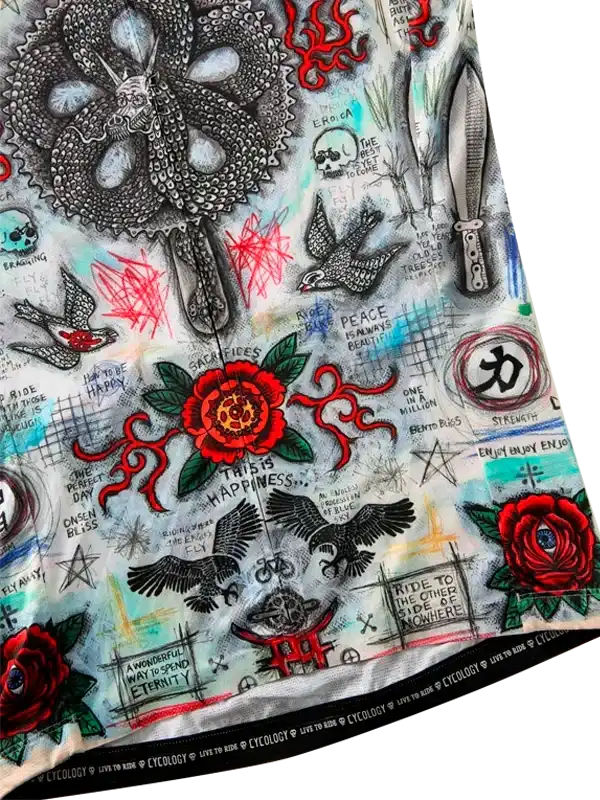 Men's cycling jersey with bold tattoo-style graphics, roses, skulls, and motivational phrases on lightweight fabric