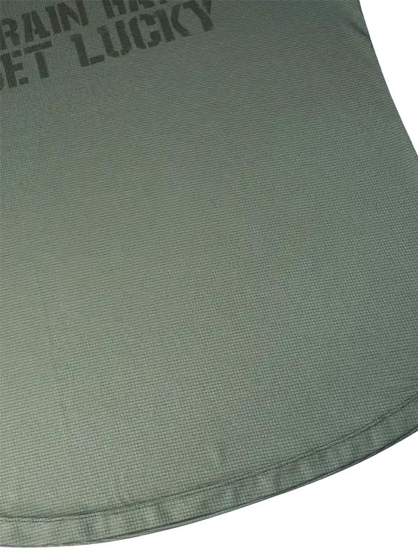 Olive green cycling jersey with 'RAIN GET LUCKY' print, textured fabric detail for performance wear