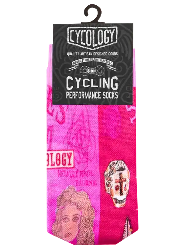 Pink cycling performance socks with skull & portrait design, artisan-made for bike culture