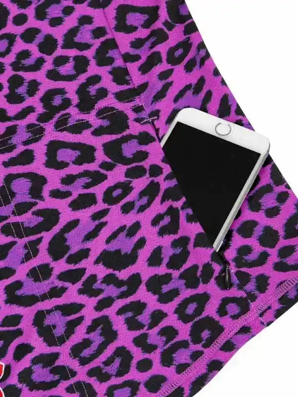 Purple leopard print cycling shorts with zippered phone pocket for women's bike wear