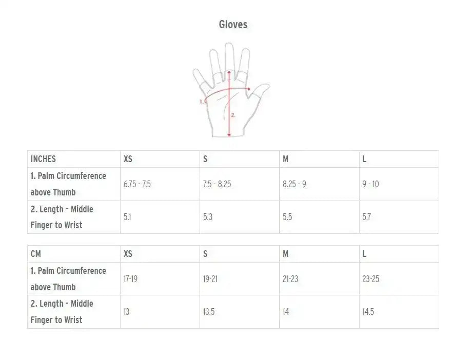 Cycling gloves size chart with palm circumference and finger-to-wrist length measurements in inches and cm