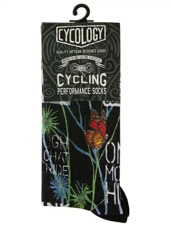 Cycling performance socks with butterfly and plant design, artisan-made for bike riders