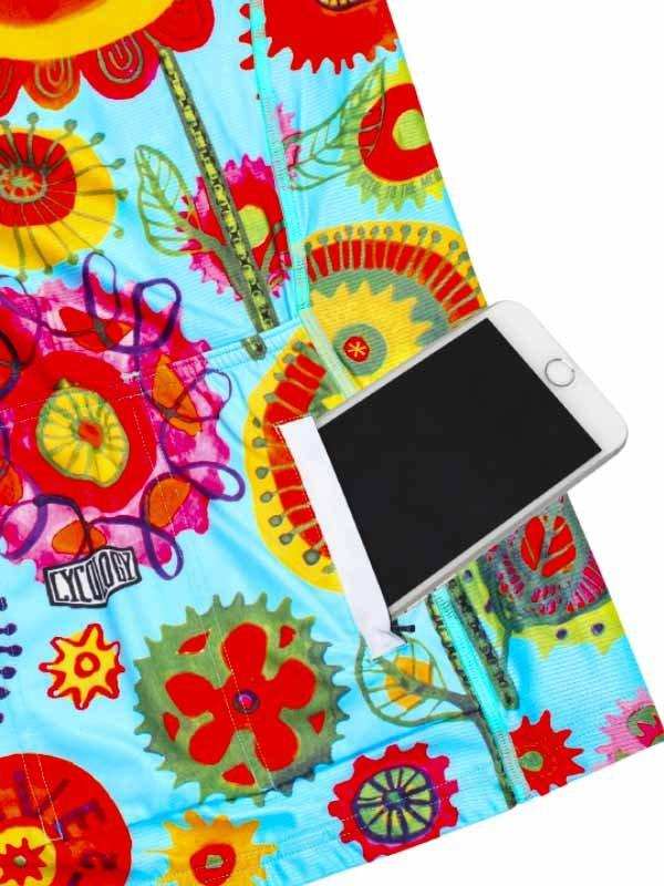 Colorful cycling shorts with floral and gear print, featuring phone pocket for on-the-go convenience