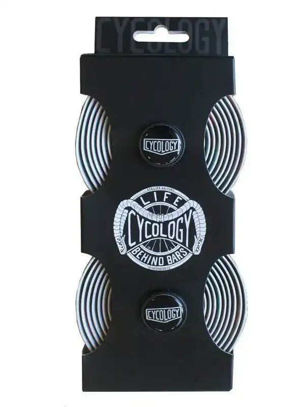 Cycology cycling bar tape with 'Life Behind Bars' design, black packaging, premium grip for road bikes