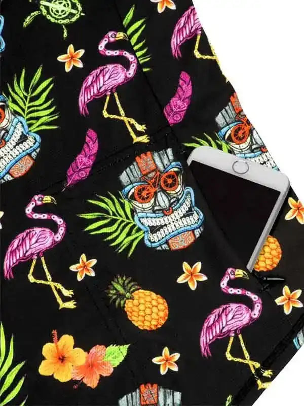 Tropical flamingo and pineapple print cycling shorts with phone pocket, vibrant summer design