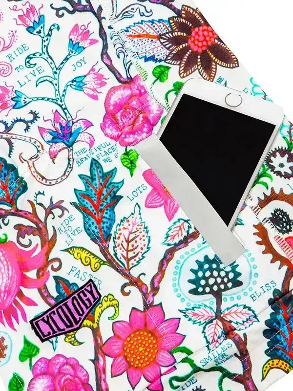 Colorful floral cycling apparel with 'Ride to Live' print and phone pocket, ideal for women's bike wear